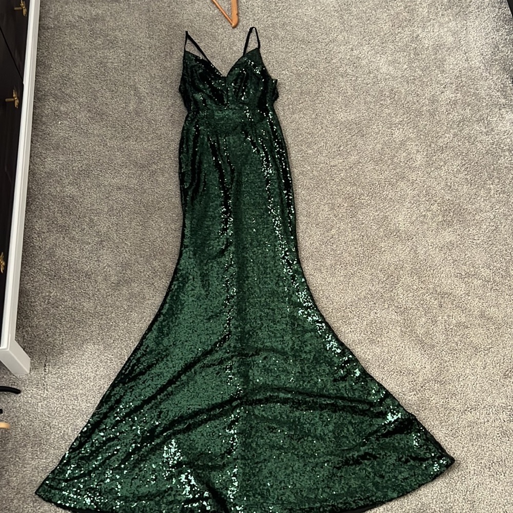 Emerald green sequin open back mermaid prom gown
